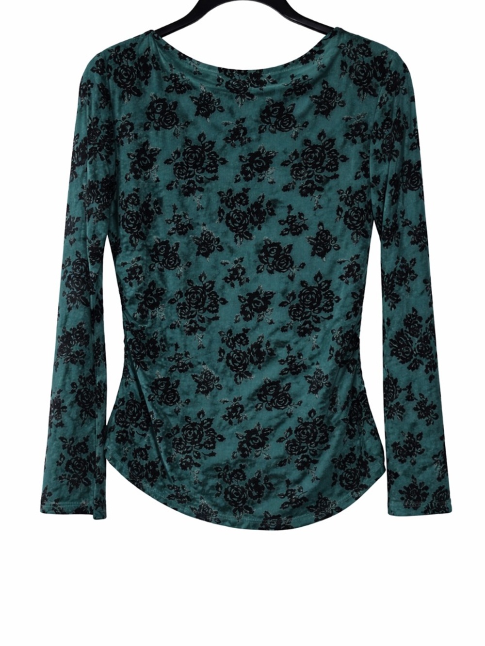 ZESICA Teal Velvet Floral Top | Sheer Mesh Overlay | Elegant Boutique Blouse L